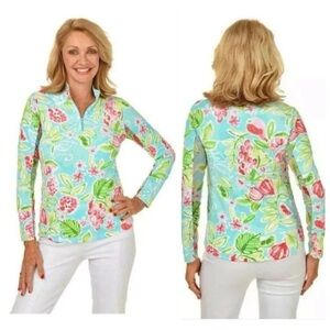 IBKUL Tutti Seafoam Floral Fruit Polo Long Sleeve 1/4 Zip Lightweight Top XXL